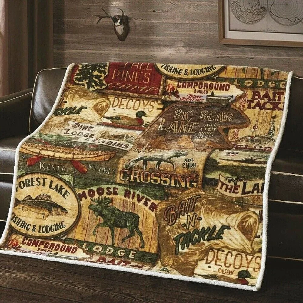 New Lake House Sherpa Gift Fleece Throw Blanket Lodge Fishing Cabin Moose Fish